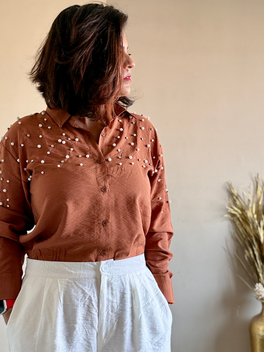 Brown Fit Pearl & Diamond-Embellished Shirt