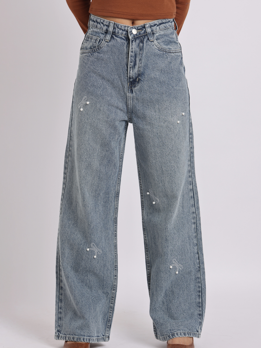 Vintage Blue Pearl Bow Straight-Fit Denim Jeans
