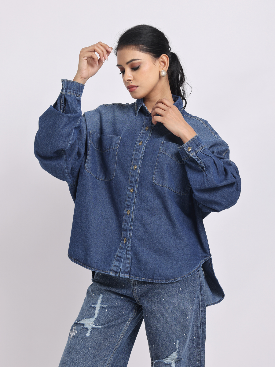 Oversized Dark Blue Denim Shirt with Dropped Shoulder