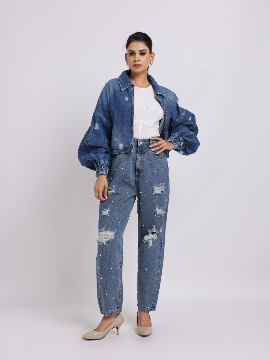 Blue Distressed Denim Jacket with Zip Closure