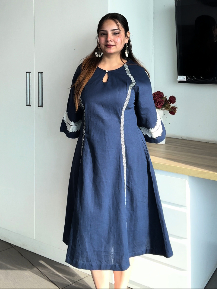 Midnight Blue Embroidered Flared Dress
