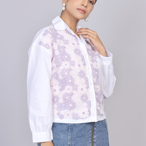 Lilac Lace Patch Cotton Shirt with Drawstring Hem