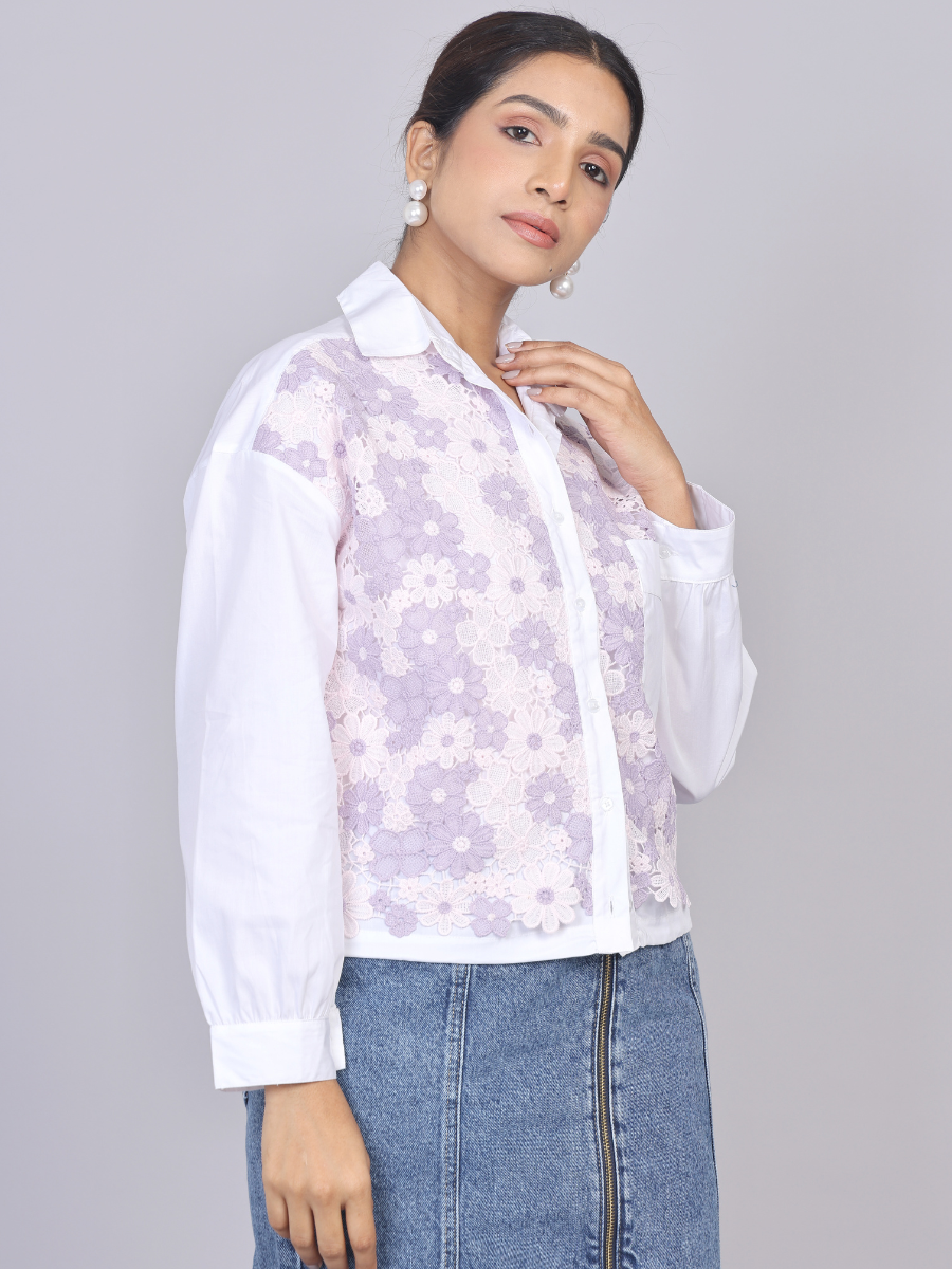 Lilac Lace Patch Cotton Shirt with Drawstring Hem
