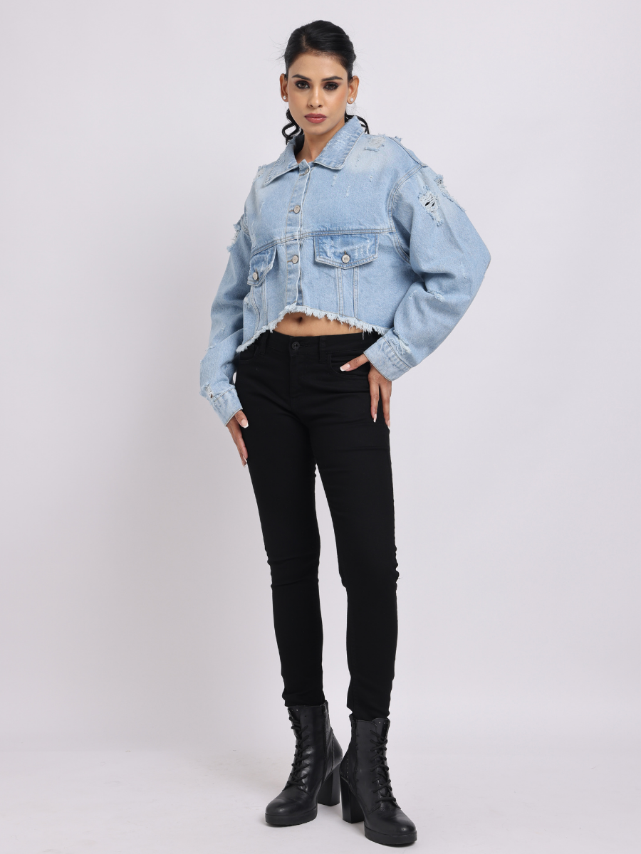 Light Blue Distressed Cropped Denim Jacket