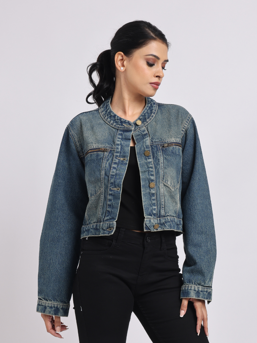 Mid Blue Cropped Denim Jacket for Women