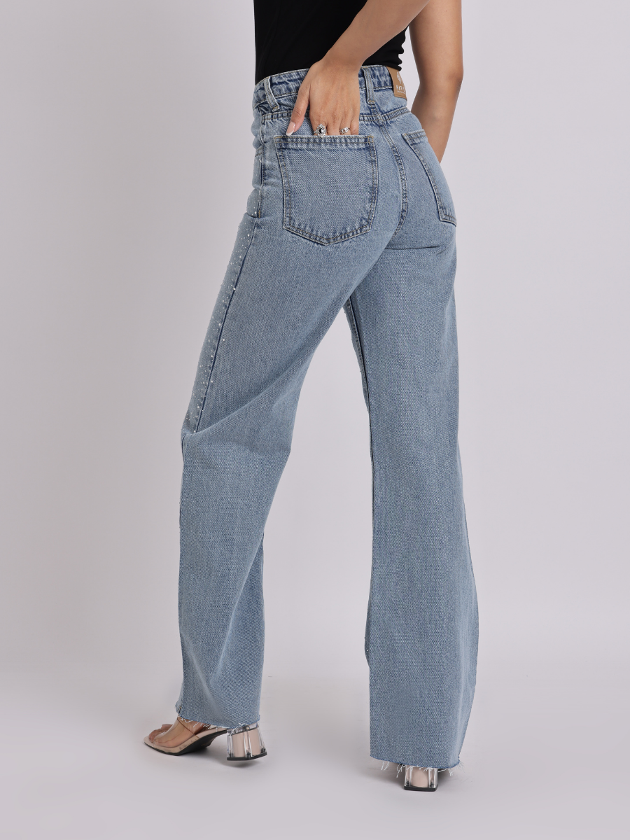 Light Blue Rhinestone Studded Straight-Fit Denim Jeans