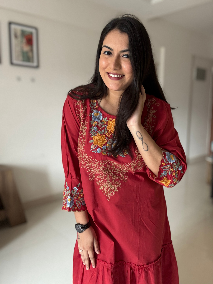 Red Embroidered Cotton Dress