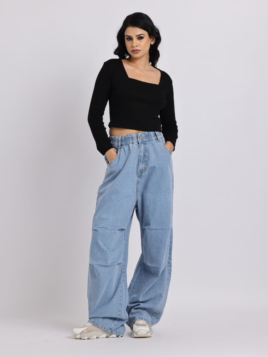 High-Waist Elasticated Wide-Leg Denim Jeans
