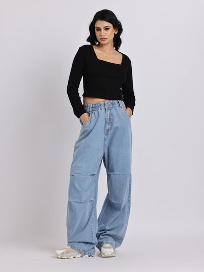 High-Waist Elasticated Wide-Leg Denim Jeans