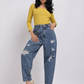 Dark Blue Pearl Embellished Distressed Jeans