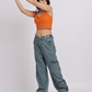 Wide-Leg Cargo Denim Jeans with Adjustable Waist