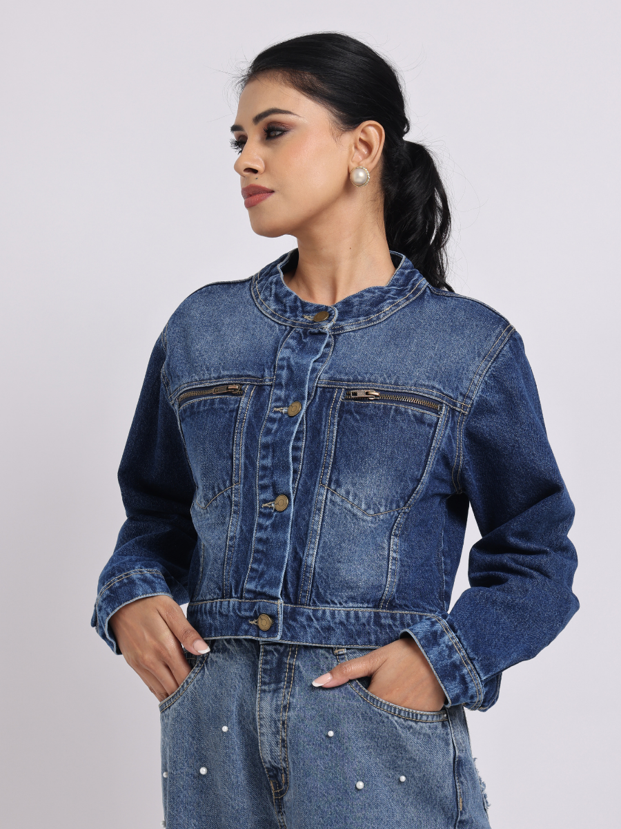 Blue Denim Jacket | Cropped Fit with Front Zipper Detail