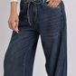 Dark Blue Drawstring Waist Wide-Leg Denim Jeans
