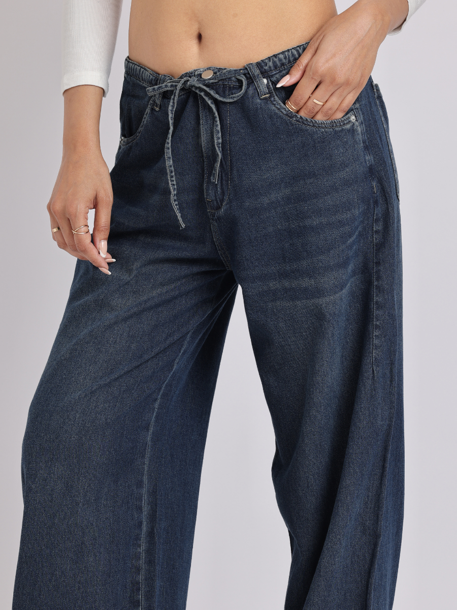 Dark Blue Drawstring Waist Wide-Leg Denim Jeans