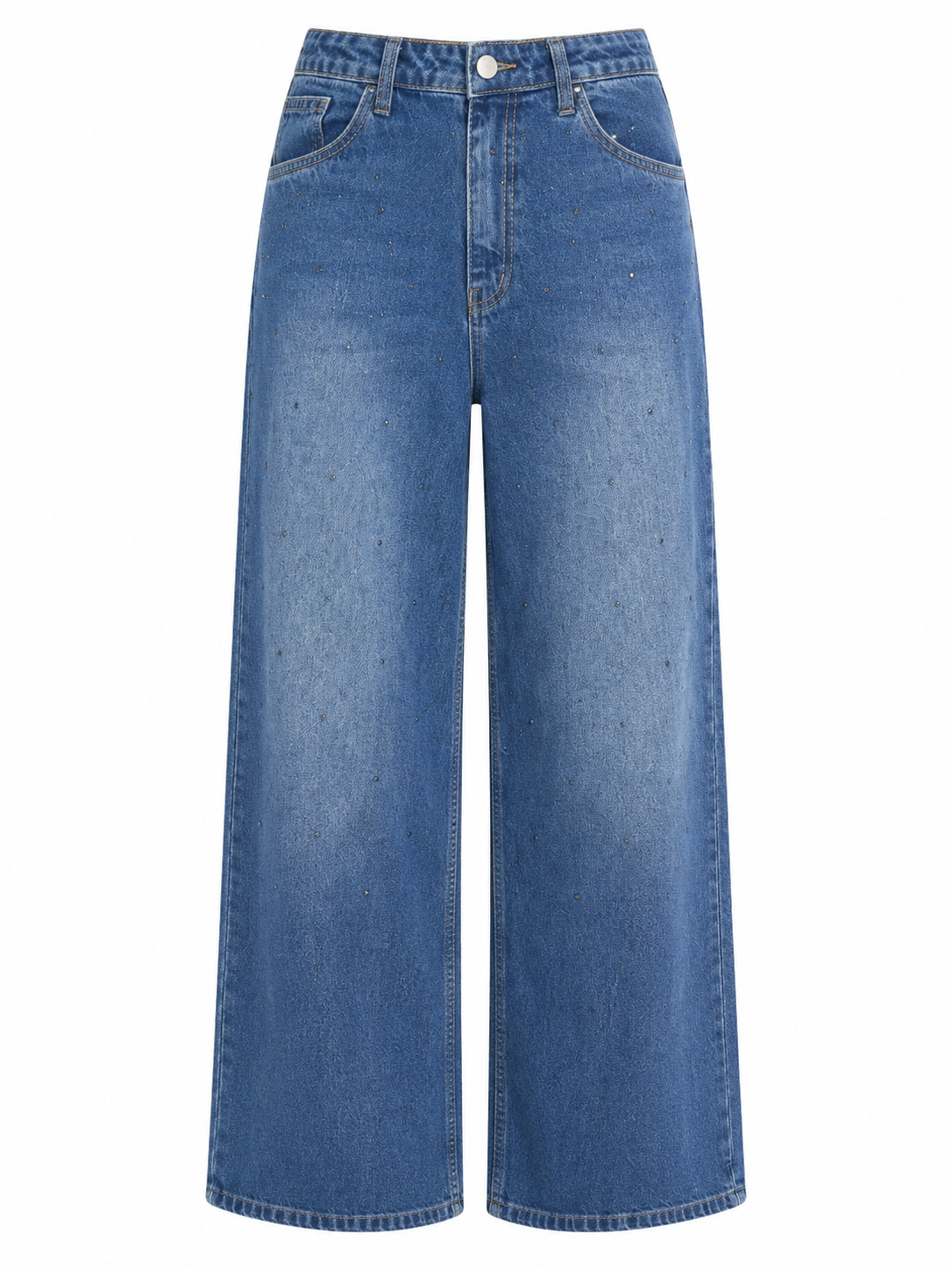 Blue Rhinestone Embellished High Waist Wide Leg Jeans