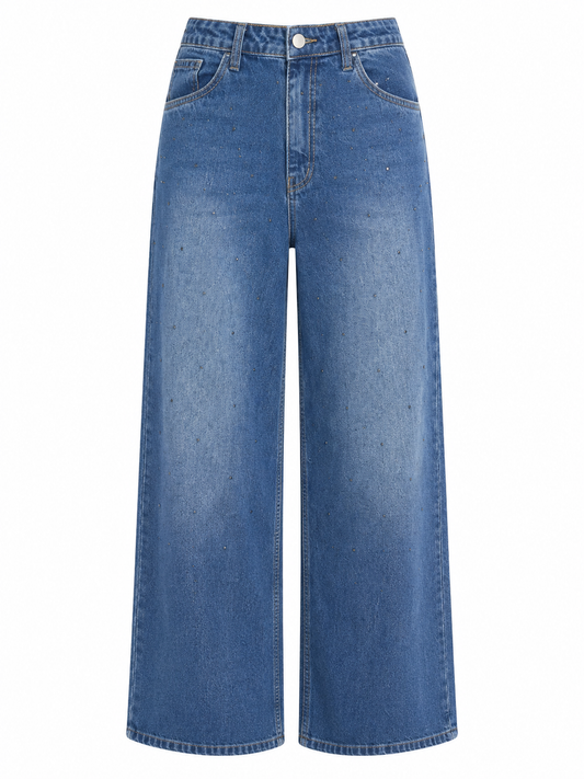 Blue Rhinestone Embellished High Waist Wide Leg Jeans
