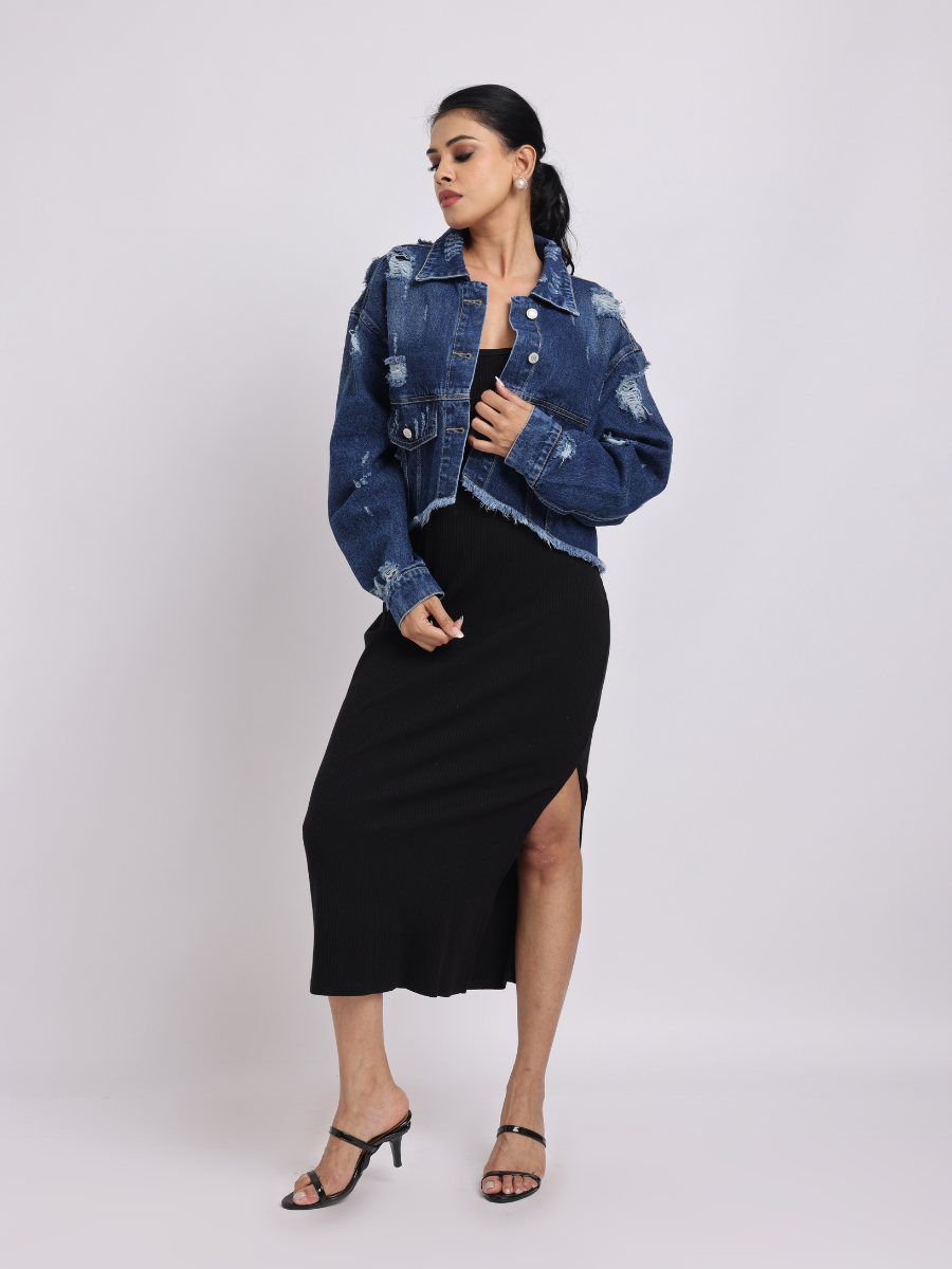 Blue Distressed Cropped Denim Jacket