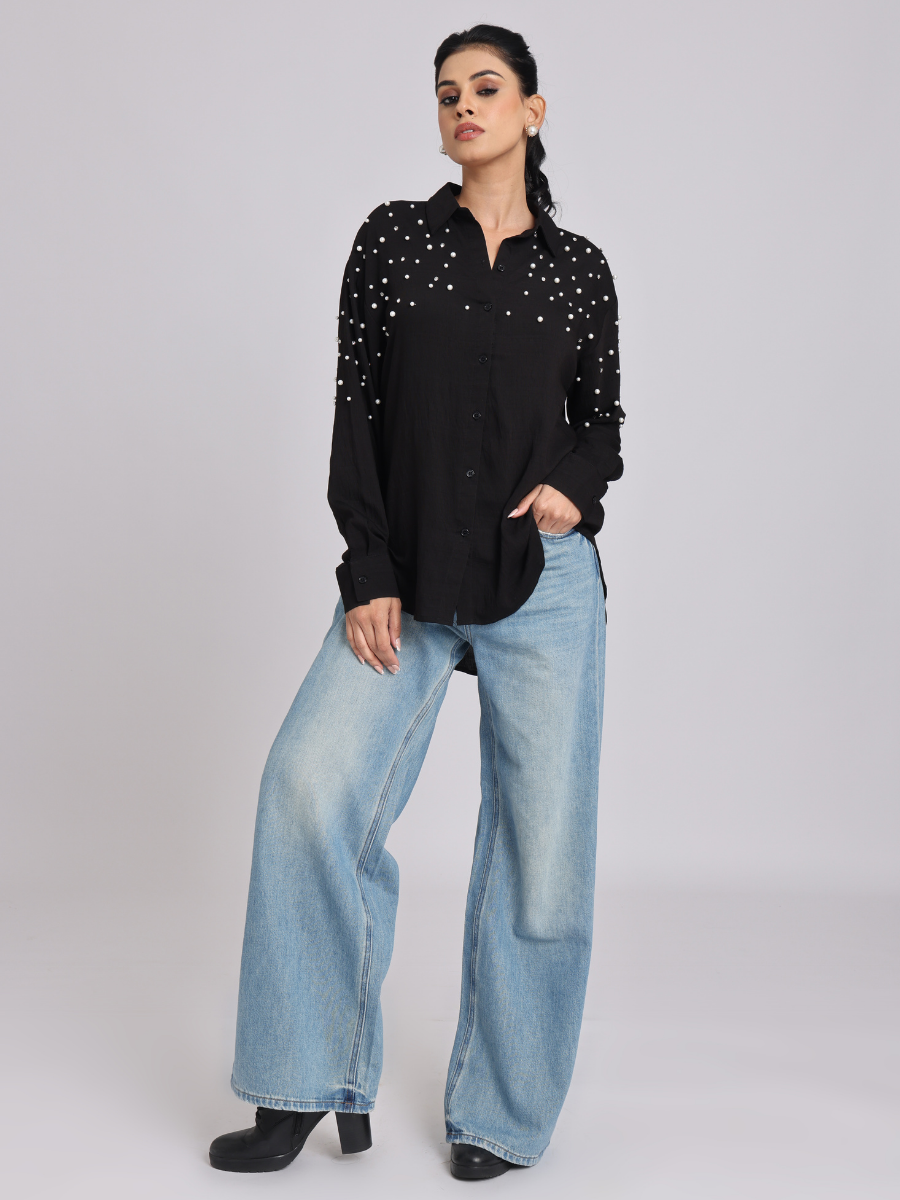 Black Oversized Pearl & Diamond Embellished Shirt