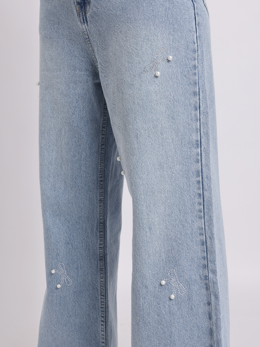 Light Blue Pearl Bow Straight-Fit Jeans