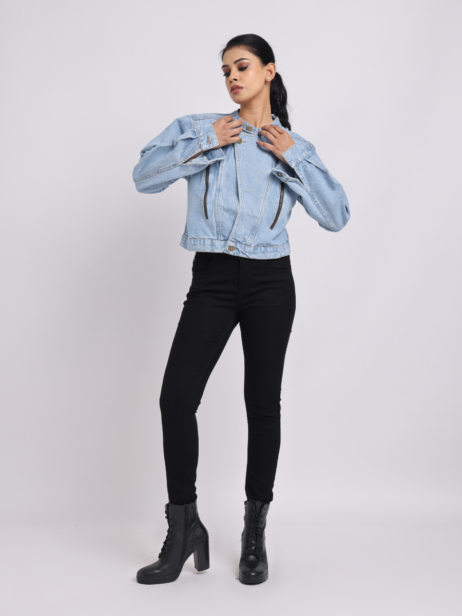 Light Blue Cropped Denim Jacket with Zip Detail