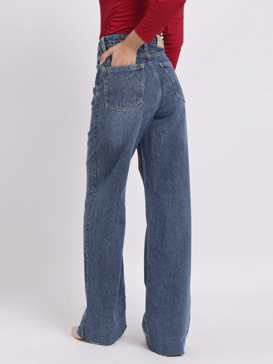 Dark Blue Distressed Rhinestone Wide-Leg Denim Jeans