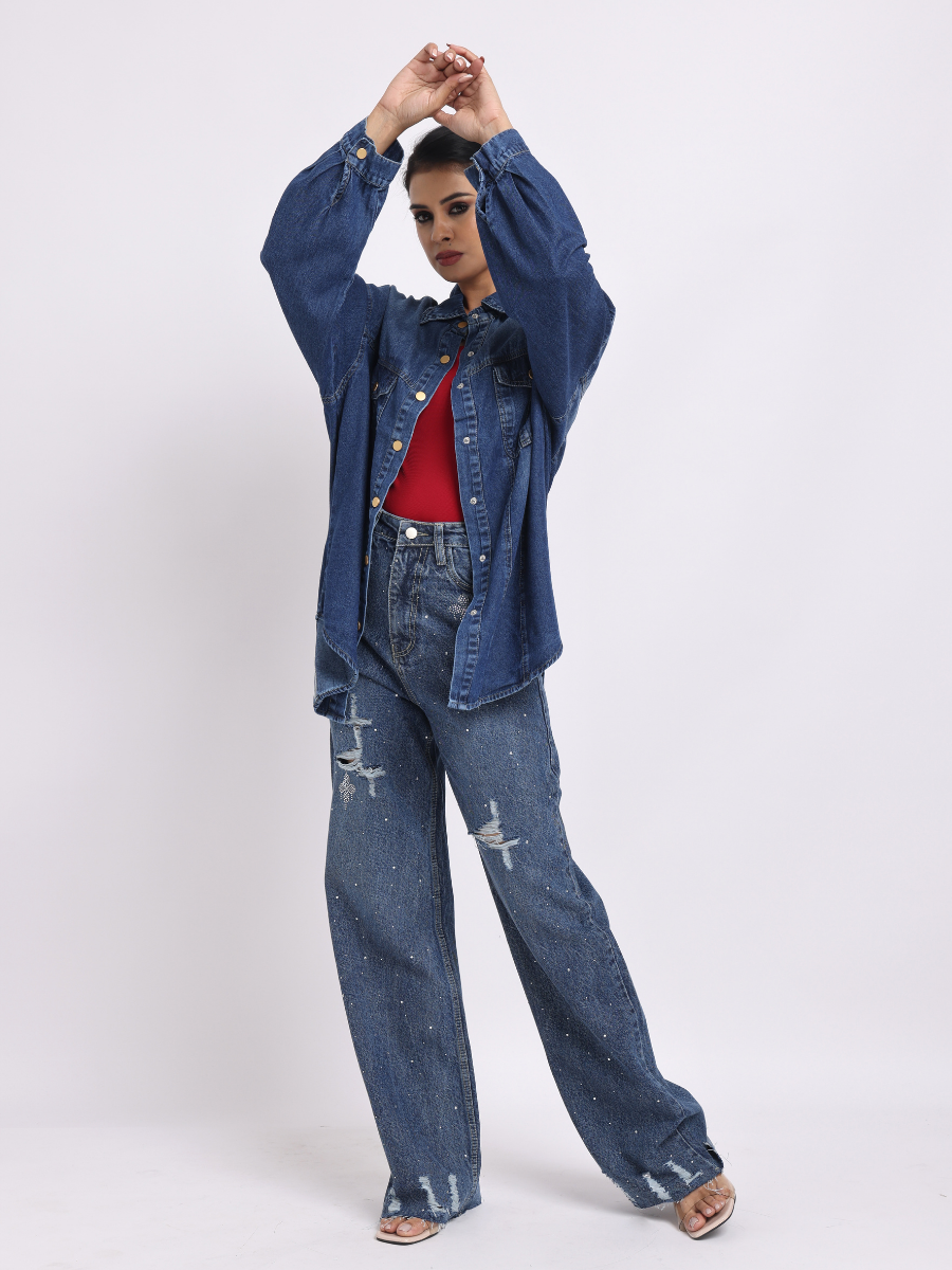 Dark Blue Oversized Denim Shirt with Dropped Shoulder