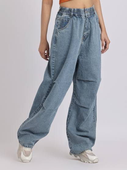 High-Waist Elasticated Wide-Leg Denim Jeans