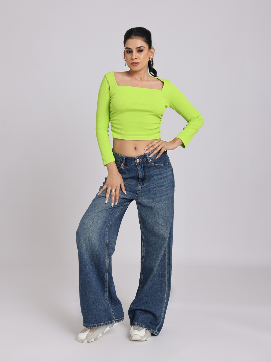 Lime Green Side Elastic Ruched Crop Top