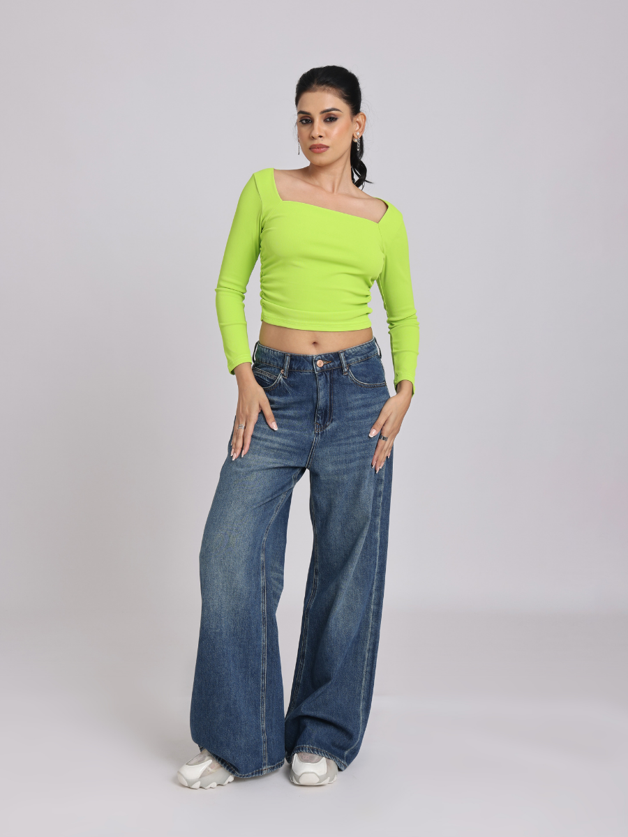 Lime Green Side Elastic Ruched Crop Top