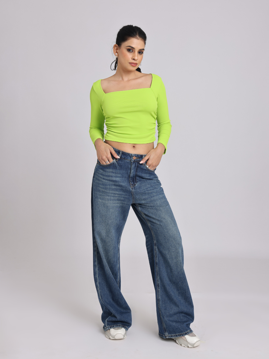 Lime Green Side Elastic Ruched Crop Top