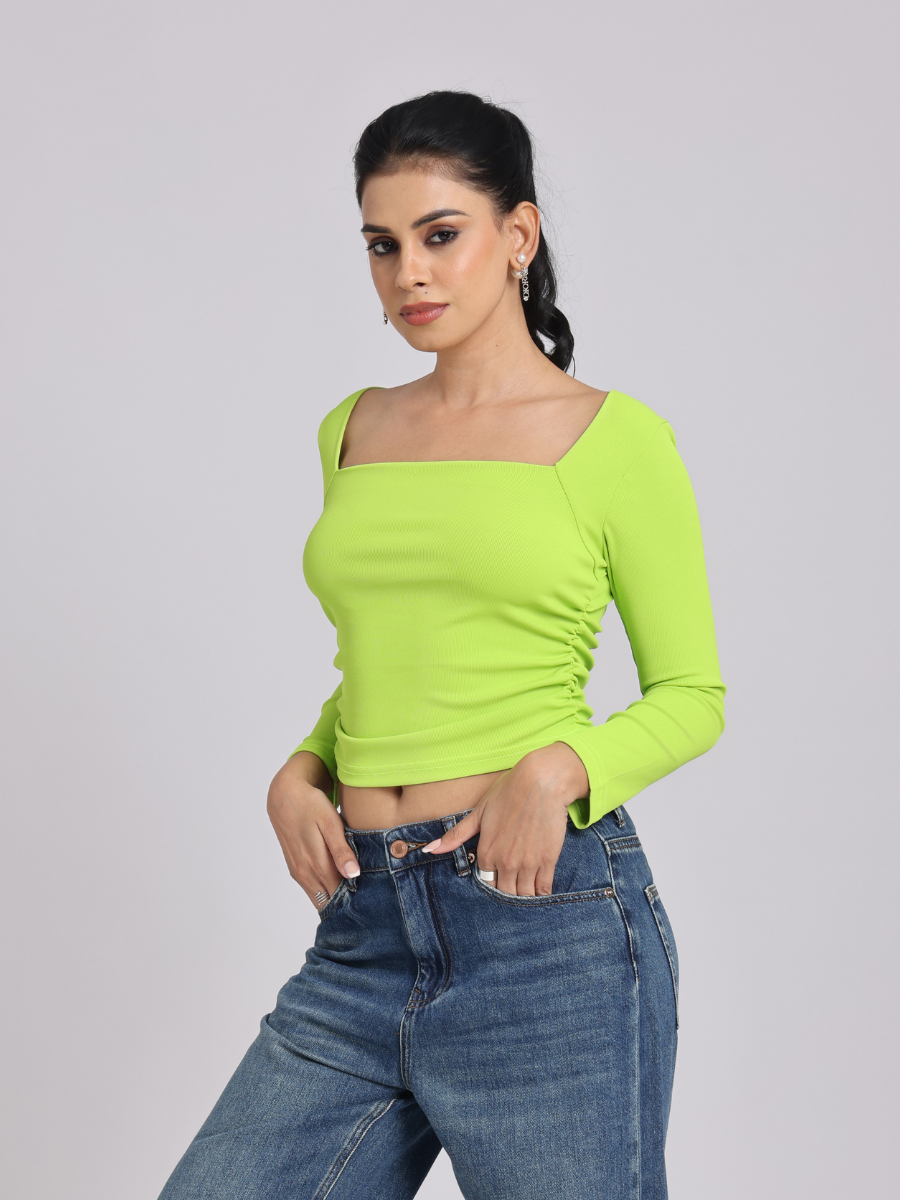 Lime Green Side Elastic Ruched Crop Top