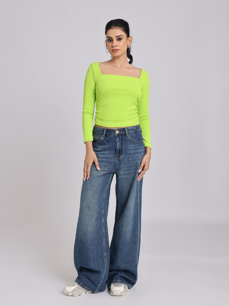 Lime Green Side Elastic Ruched Crop Top