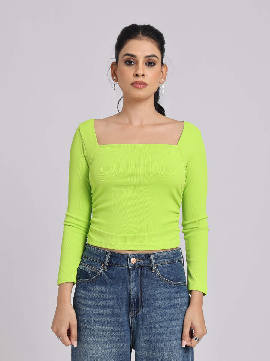Lime Green Side Elastic Ruched Crop Top