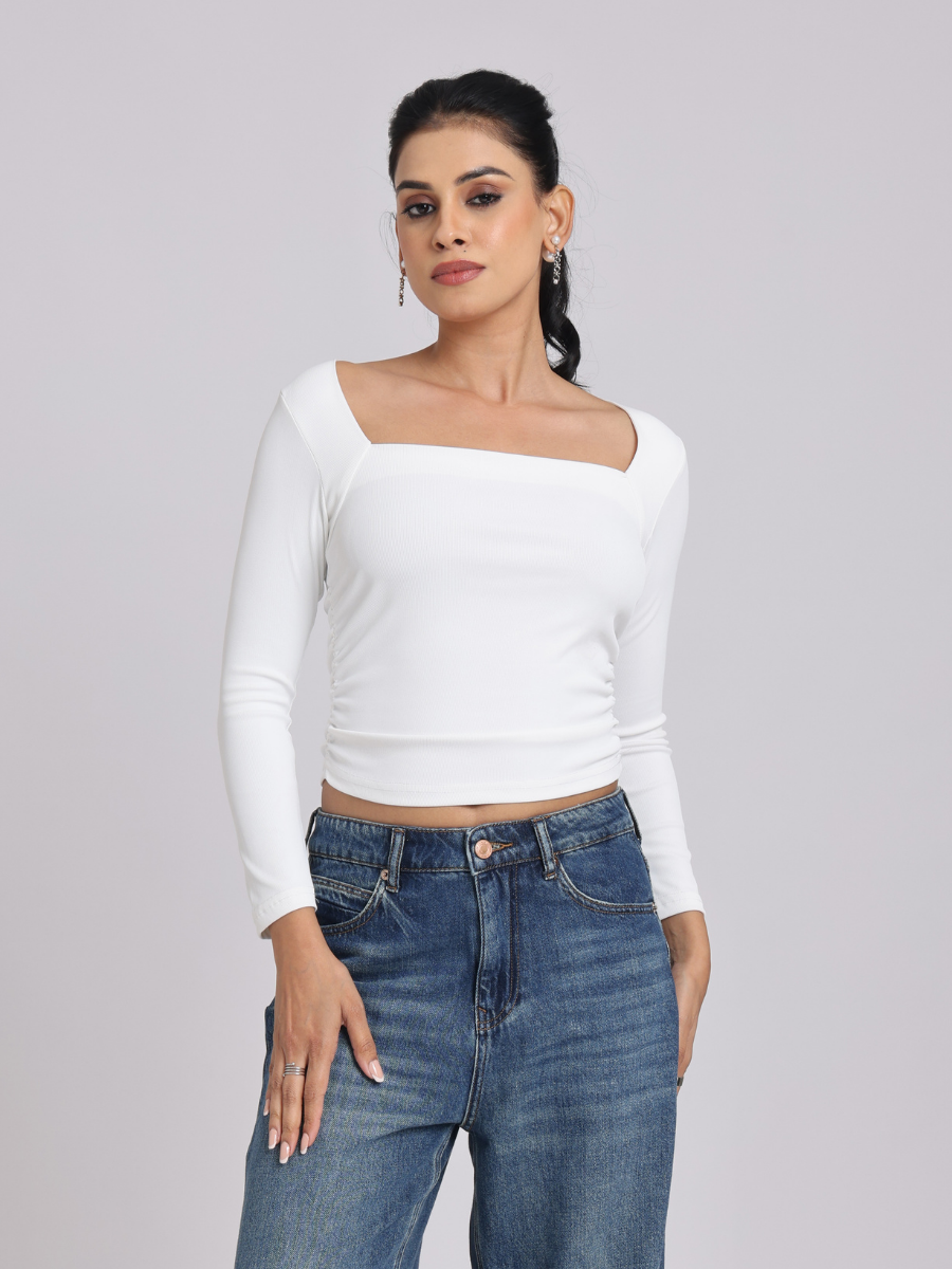 White Side Elastic Ruched Crop Top