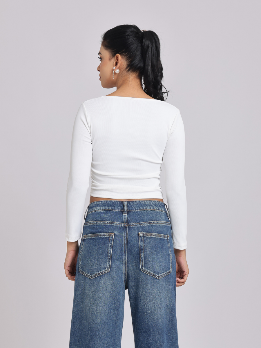 White Side Elastic Ruched Crop Top