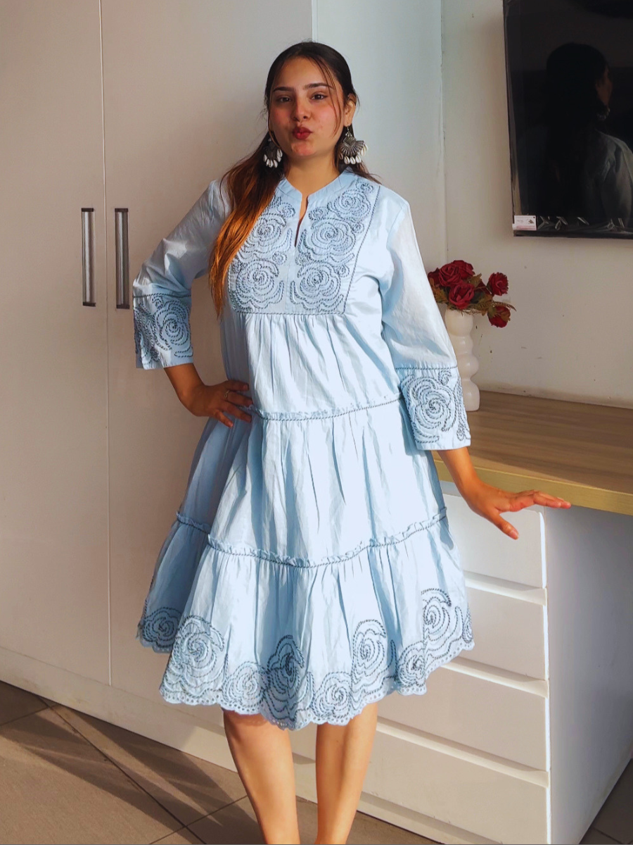 Sky Bloom Embroidered Cotton Dress