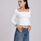 White Side Elastic Ruched Crop Top