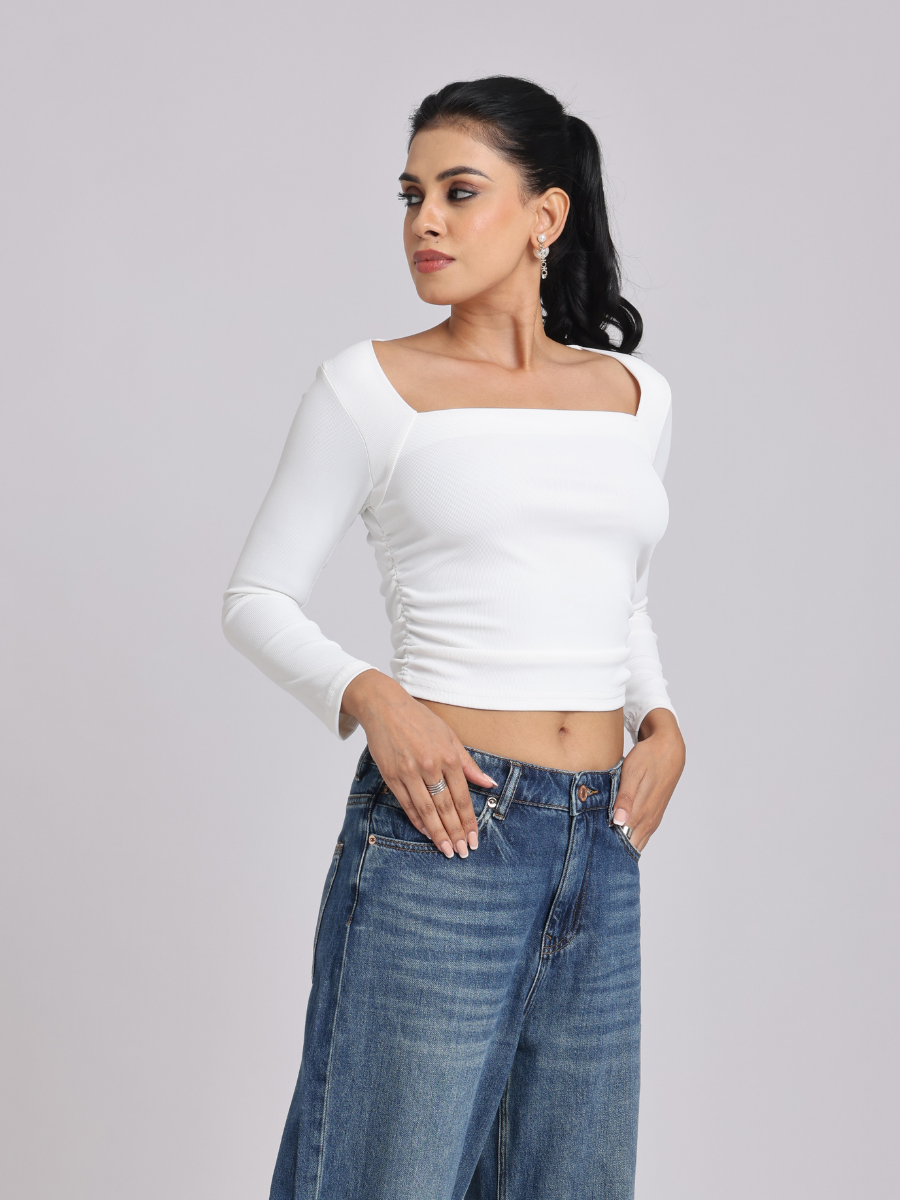 White Side Elastic Ruched Crop Top
