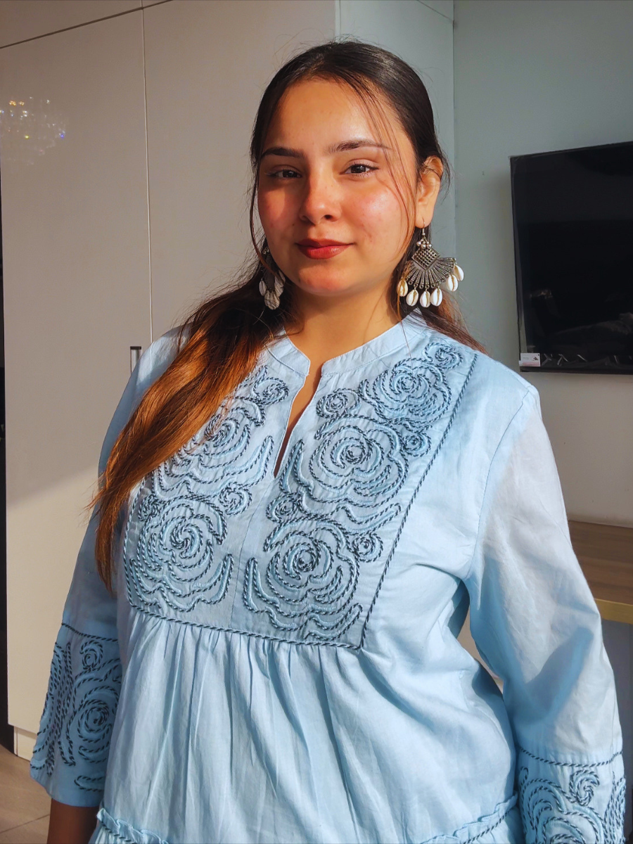 Sky Bloom Embroidered Cotton Dress