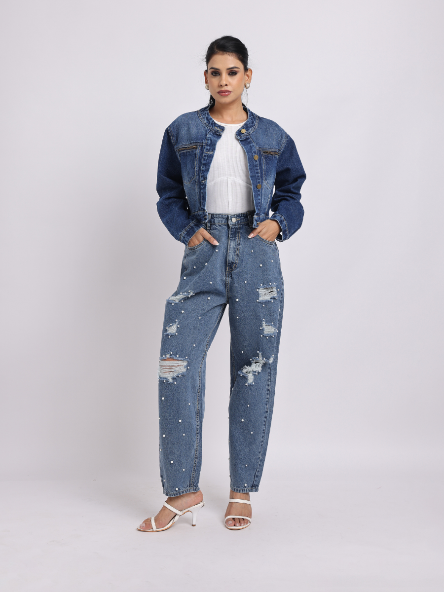 Blue Denim Jacket | Cropped Fit with Front Zipper Detail