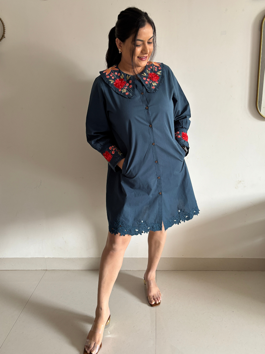 Embroidered Blue Collar Dress