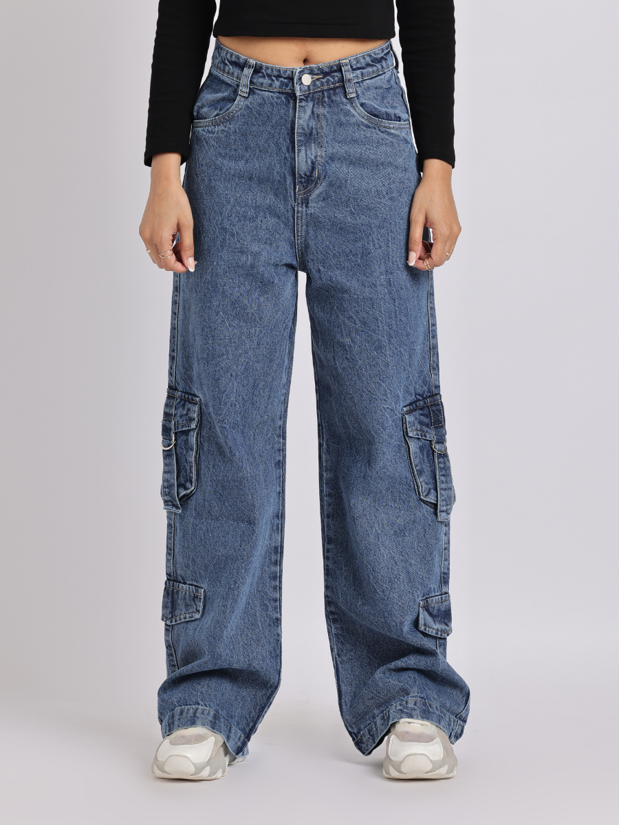 High-Waist Cargo Wide-Leg Jeans