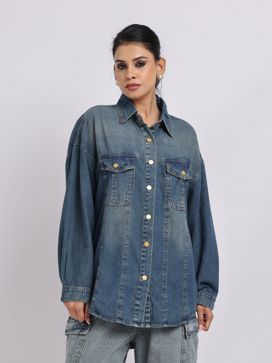 Mid Blue Oversized Denim Shirt with Dropped Shoulder