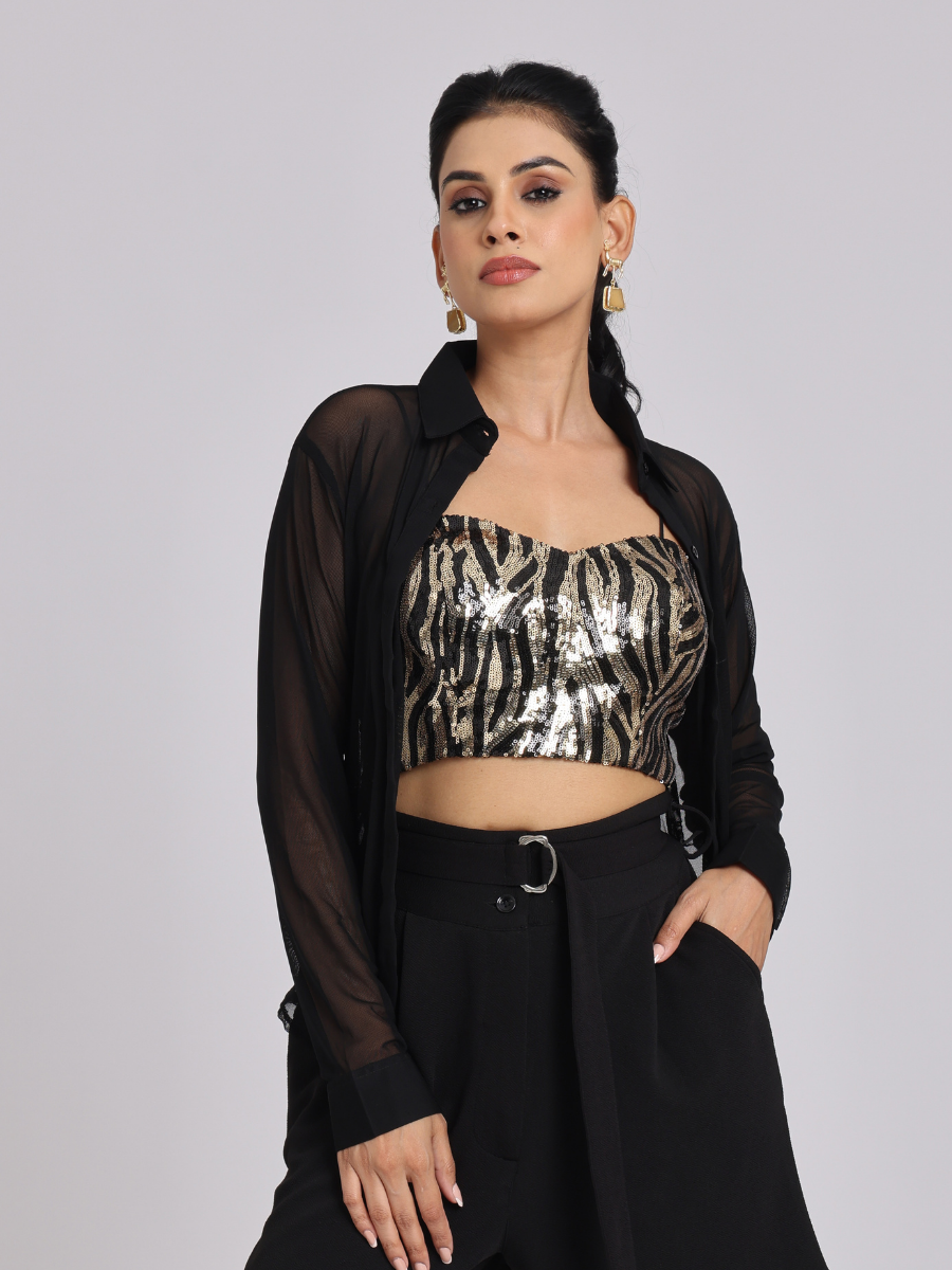 Gold Sequin Crop Top with Black Sheer Shirt