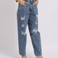 Dark Blue Pearl Embellished Distressed Jeans