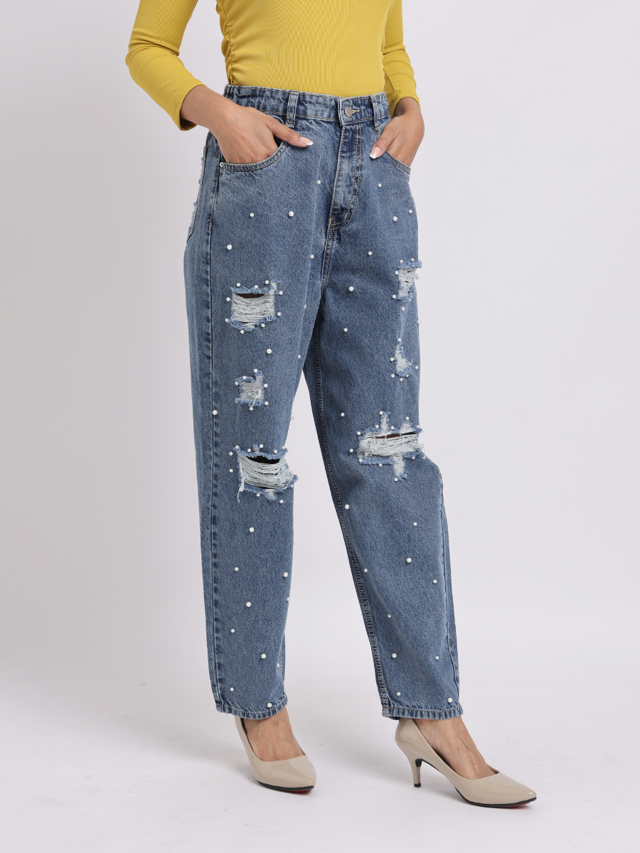 Dark Blue Pearl Embellished Distressed Jeans