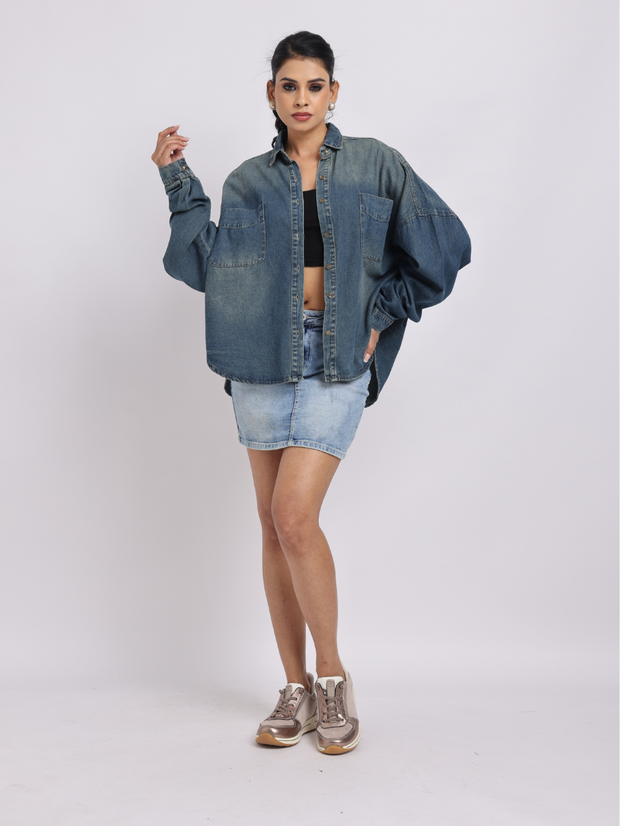 Oversized Dark Mid Blue Denim Shirt with Dropped Shoulder