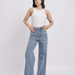Blue Rhinestone-Embellished Wide-Leg Denim Jeans