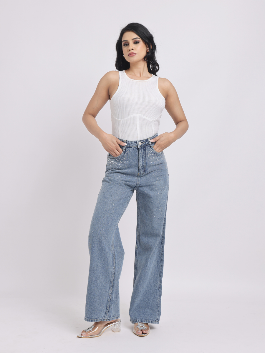 Blue Rhinestone-Embellished Wide-Leg Denim Jeans
