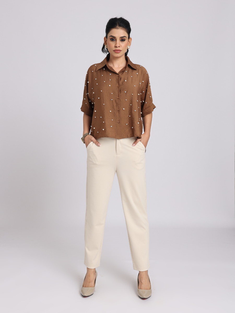 Cocoa Brown Pearl-Diamond Oversized Shirt
